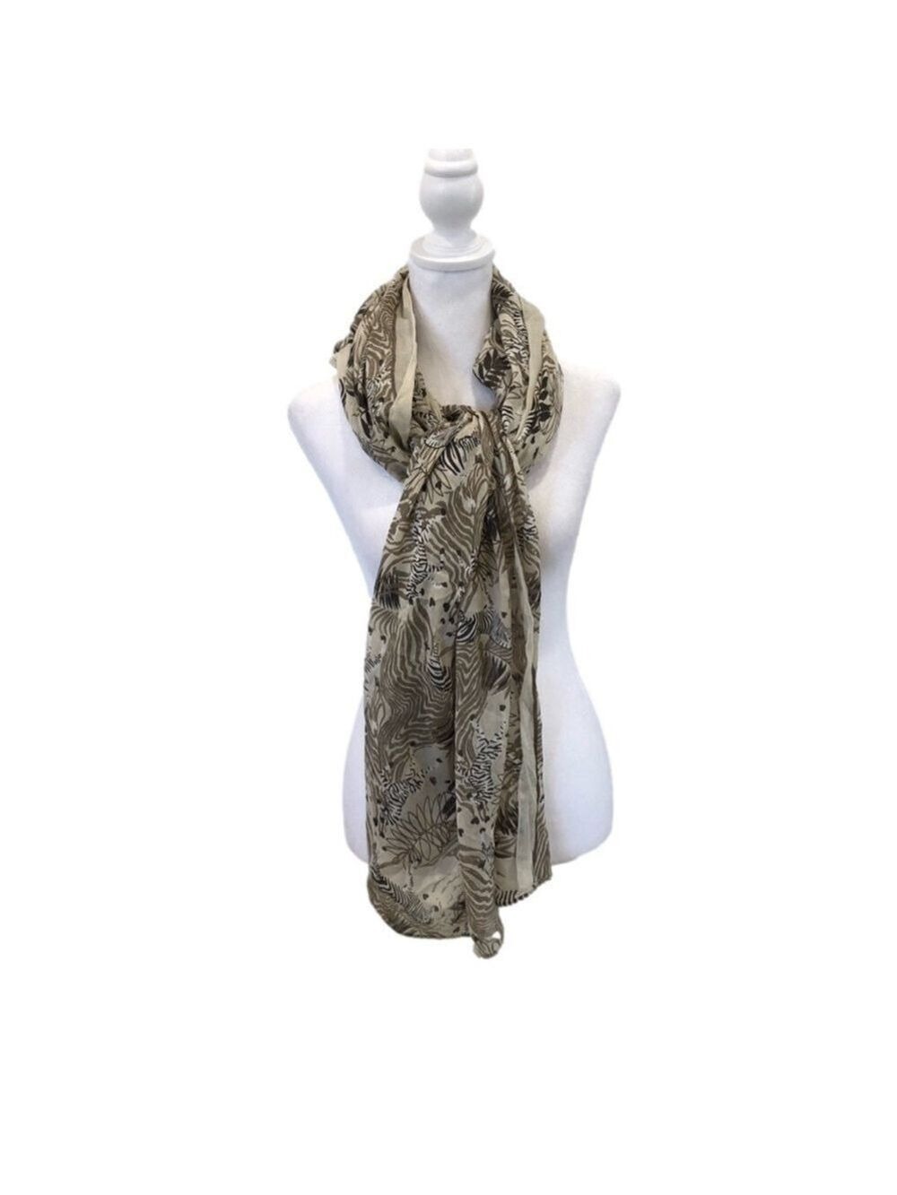 Yum I large scarf/wrap with zebras and branches. Shades of tan/brown. 42”x70”